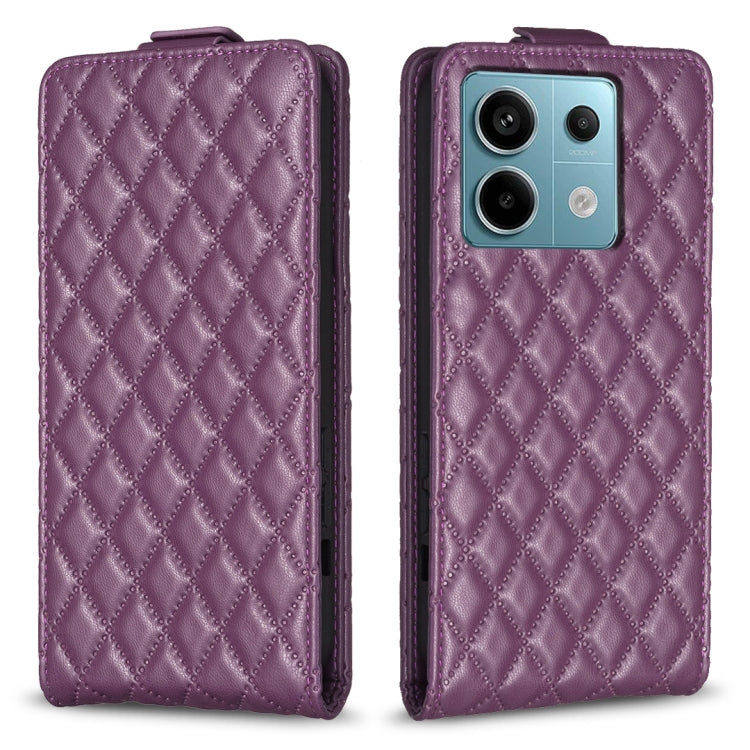 Dark purple diamond-lattice leather flip phone case with magnetic clasp and camera cutouts