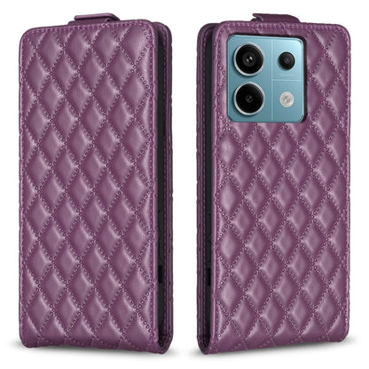 Dark purple diamond-lattice leather flip phone case with magnetic clasp and camera cutouts