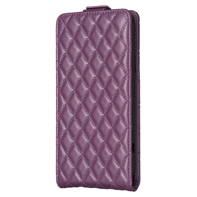 Dark purple diamond-lattice leather flip phone case, front view