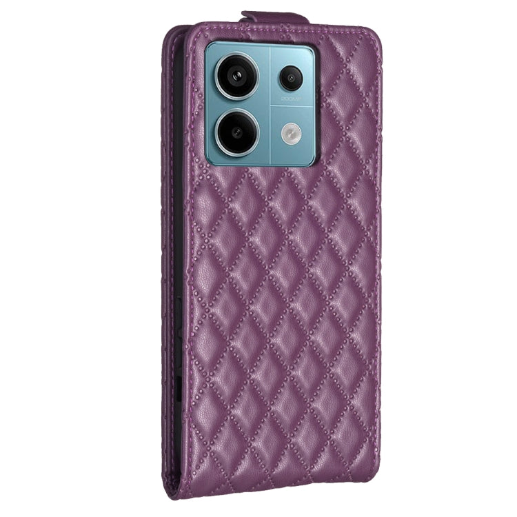 Dark purple diamond-lattice leather flip phone case with camera cutouts