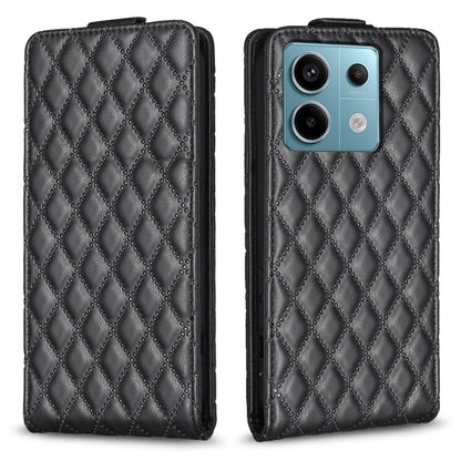 Black diamond-lattice leather flip phone case with camera cutouts
