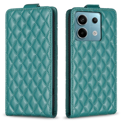 Green diamond-lattice leather flip phone case with magnetic clasp and camera cutouts