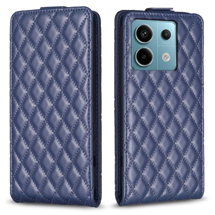Blue diamond-lattice leather flip phone case with camera cutouts