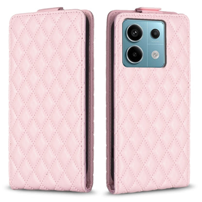 Light pink diamond lattice flip leather phone case with camera cutout and magnetic clasp