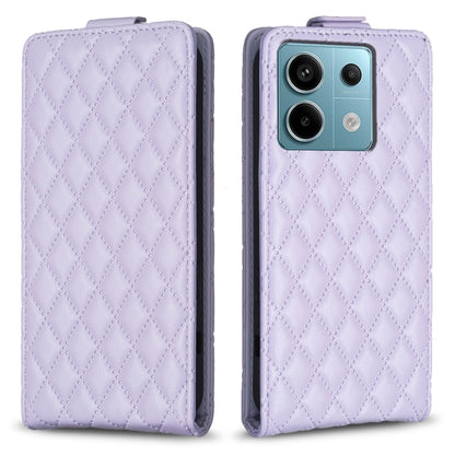 Lavender diamond lattice flip leather phone case with camera cutout and side buttons opening