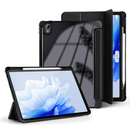 3-fold clear acrylic tablet case with black leather-style cover and folding stand