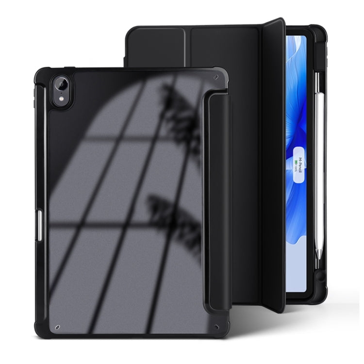 3-fold clear acrylic tablet case with black cover, front view and back cutouts