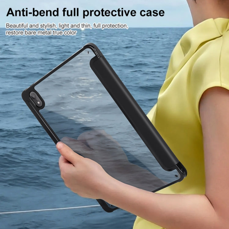 3-fold clear acrylic tablet case held by hand, black cover with clear back panel