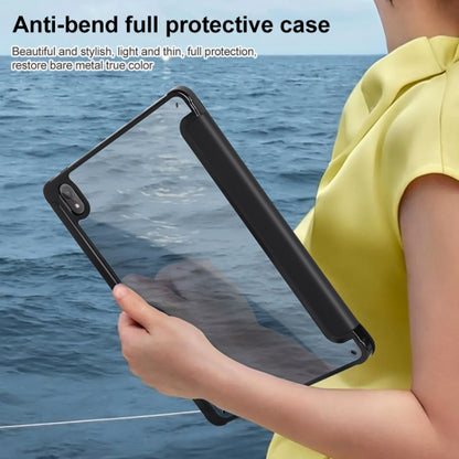 3-fold clear acrylic tablet case held by hand, black cover with clear back panel