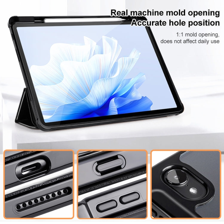 3-fold clear acrylic tablet case on stand with black edges around the screen