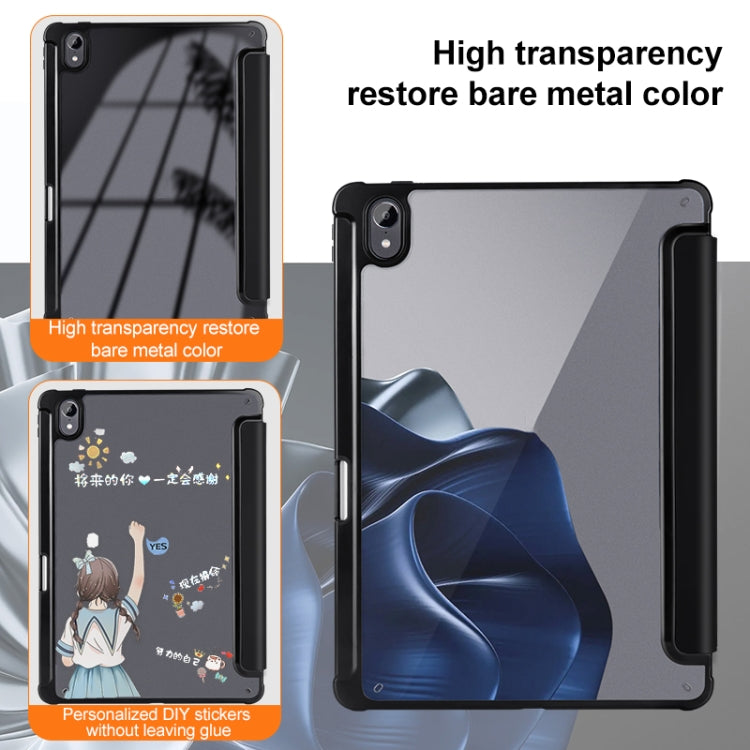 Clear acrylic tablet case with black frame, high-transparency back panel view