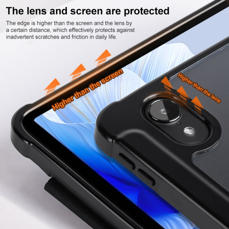 3-fold clear acrylic tablet case corner showing raised protection over screen and lenses