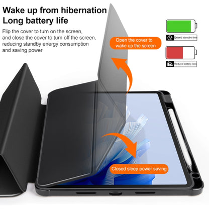 3-fold clear acrylic tablet case closed and open on stand with black front cover