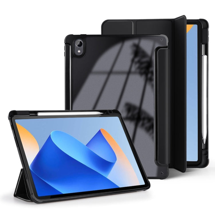 3-fold clear acrylic tablet case with black cover and clear back panel, front stand view