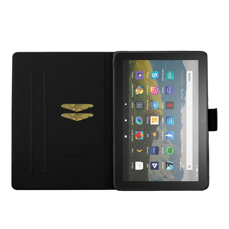 Open black smart tablet case with built-in stand holding a tablet