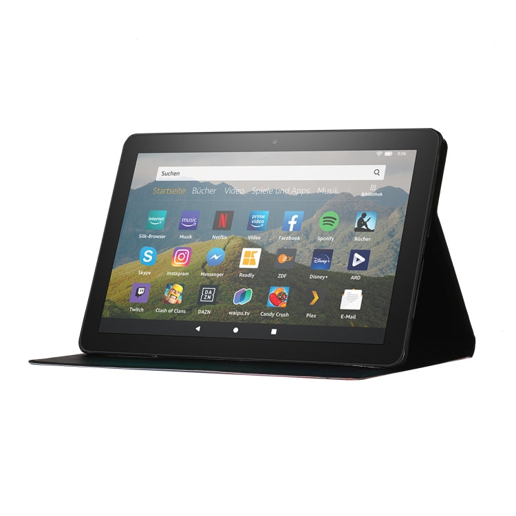 Black smart tablet case with folding stand holding a tablet upright