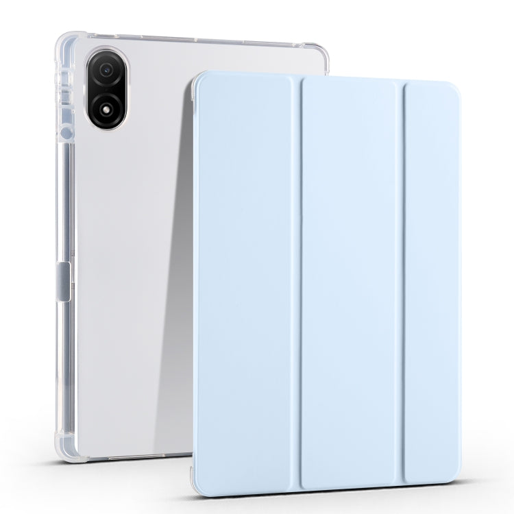 Folding transparent TPU tablet case with light blue front cover and clear back