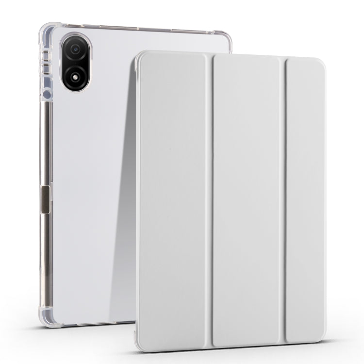 3-folding transparent TPU tablet case with light grey front cover and transparent back
