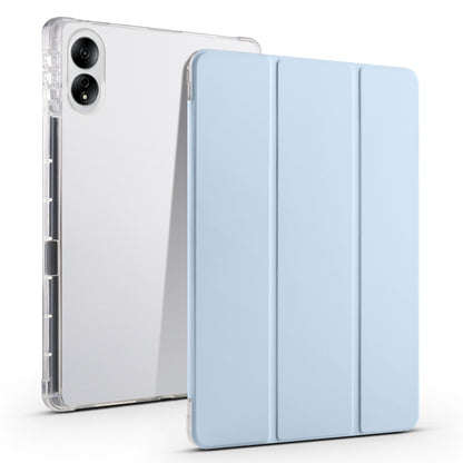 Tablet case with transparent TPU back and light blue tri-fold cover