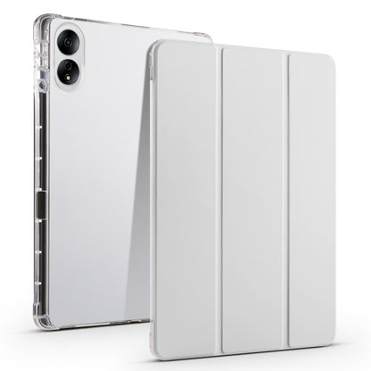 Tablet case with transparent TPU back and light gray-white folding cover