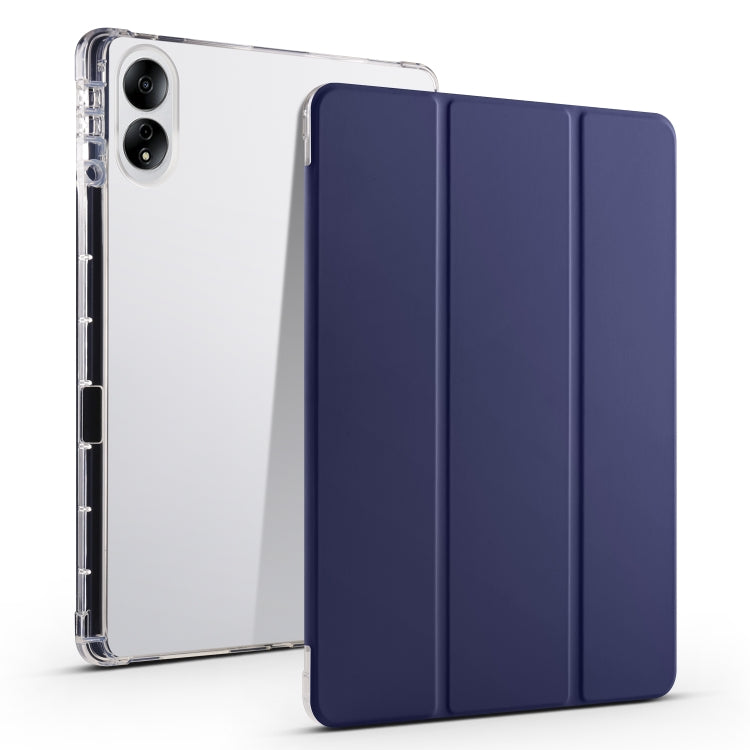3-folding transparent TPU tablet case with dark navy folio front and clear back