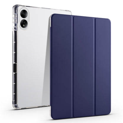3-folding transparent TPU tablet case with dark navy folio front and clear back