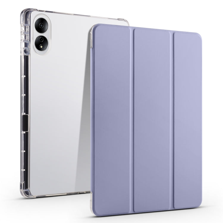 3-folding transparent TPU tablet case with lavender folio front and clear back