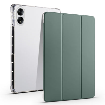 3-folding transparent TPU tablet case with deep green front cover and clear back