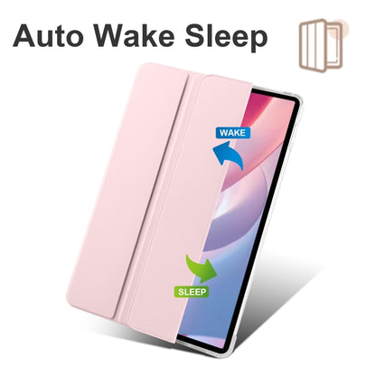 Light pink folding tablet case with stand position and transparent back