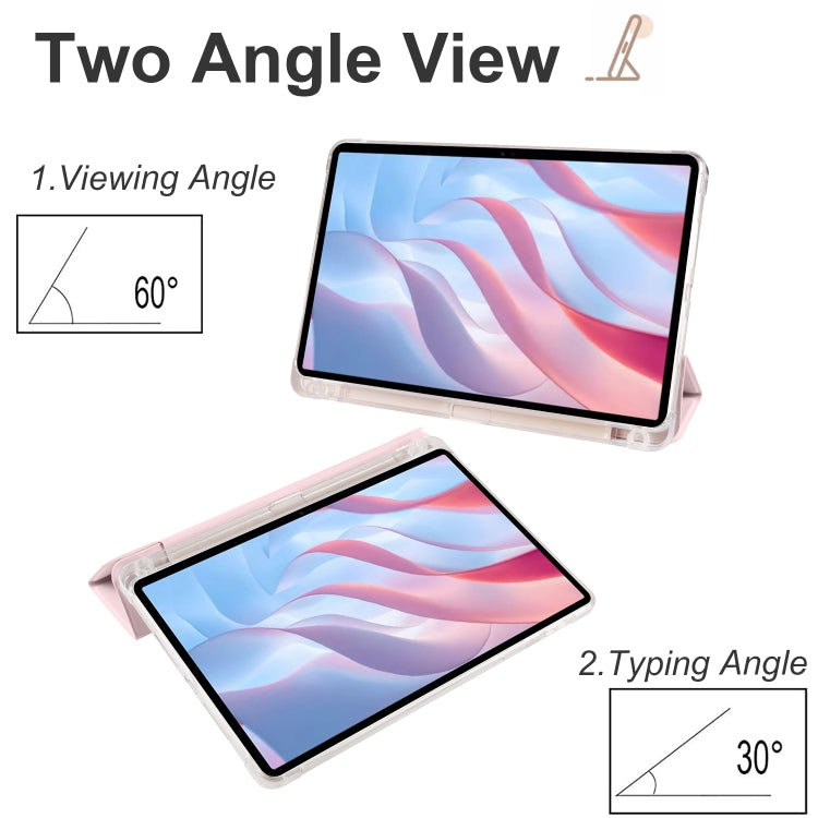 Folding tablet case with pink front cover, transparent back, angled viewing