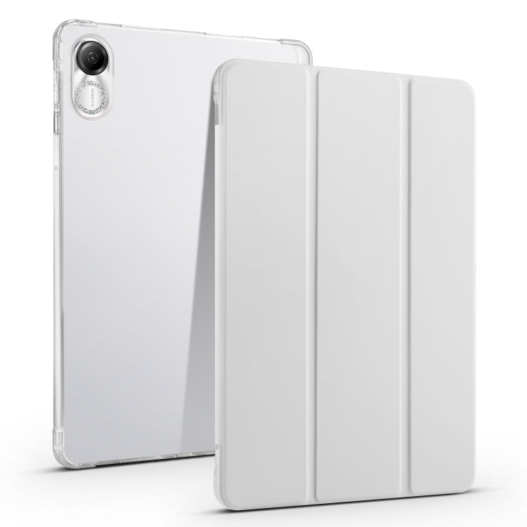 3-folding transparent TPU tablet case with light grey fold front cover and camera cutout
