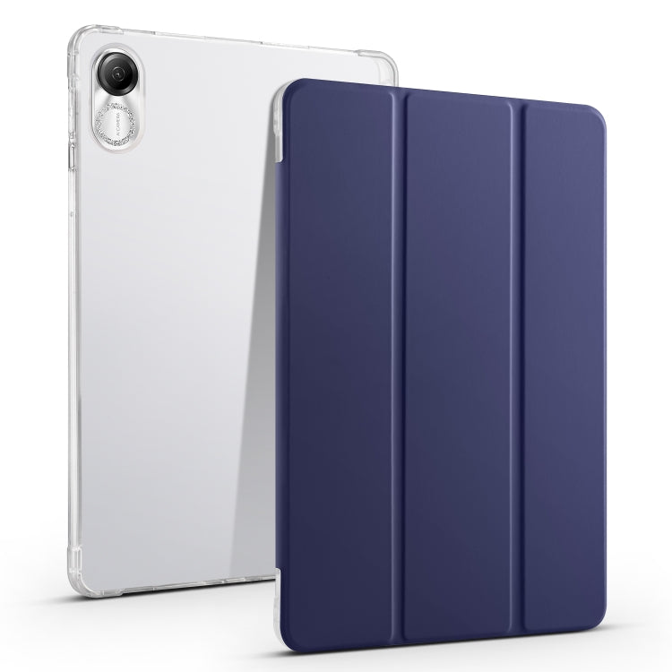 3-folding transparent TPU tablet case with navy blue fold front cover and camera cutout