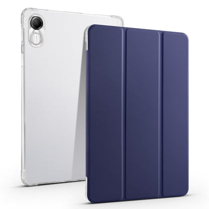 3-folding transparent TPU tablet case with navy blue fold front cover and camera cutout