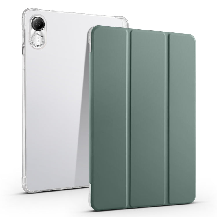 Tablet case with transparent TPU back and dark green tri-fold front cover
