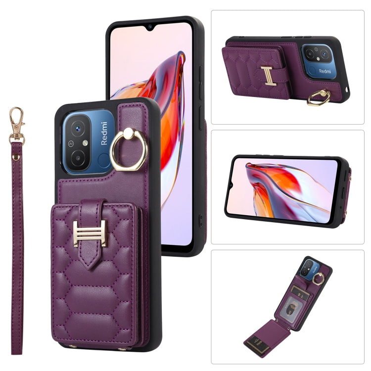 Dark purple vertical phone card case with ring holder, card slot, and wrist lanyard strap