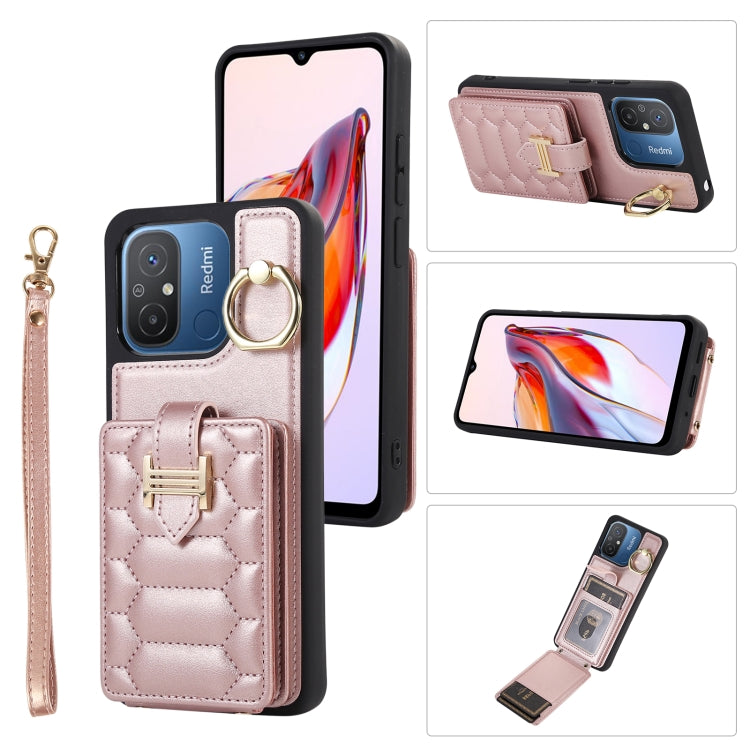 Rose beige vertical phone card case with ring holder, card slot, and wrist lanyard strap