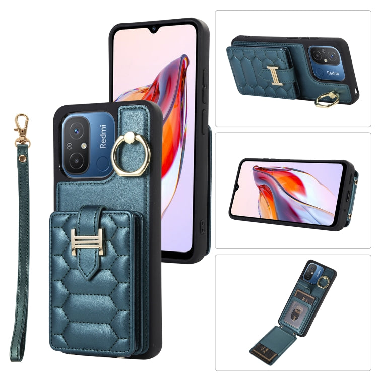 Dark teal vertical phone card case with ring holder, card slot, and wrist lanyard strap