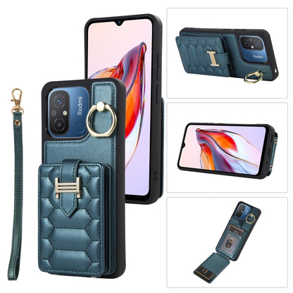 Dark teal vertical phone card case with ring holder, card slot, and wrist lanyard strap