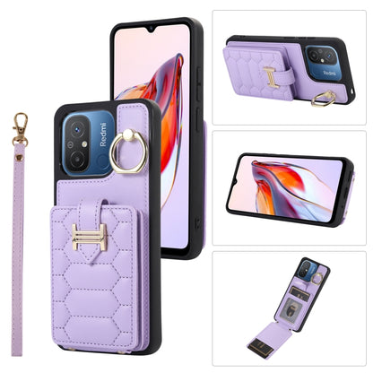 Lavender purple vertical phone card case with ring holder, card slot, and wrist lanyard strap