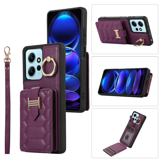 Dark purple vertical phone case with card holder, ring grip, and wrist lanyard