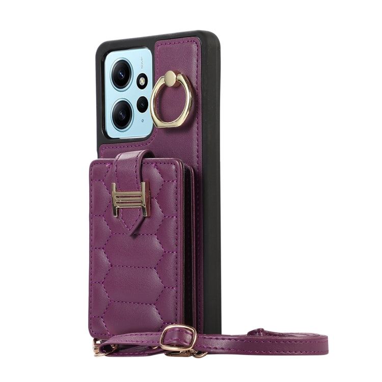 Dark purple folio phone case with card slot, ring holder, and lanyard strap