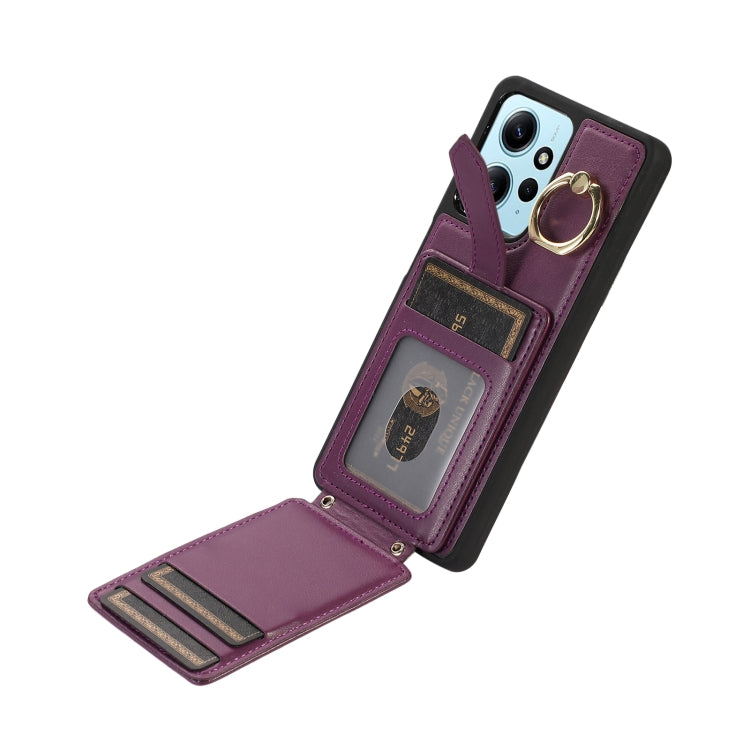 Dark purple wallet phone case with card slots and ring grip on the back