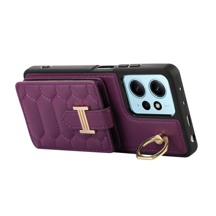 Dark purple phone case with card holder and ring grip, shown in open position