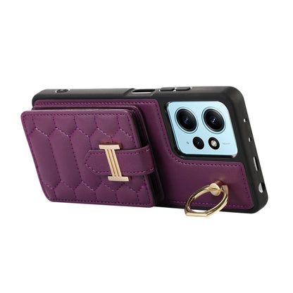 Dark purple phone case with card holder and ring grip, shown in open position