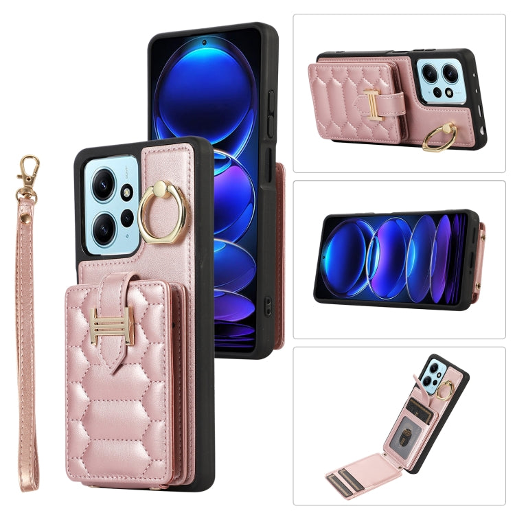 Rose gold vertical phone case with card holder, ring grip, and wrist lanyard