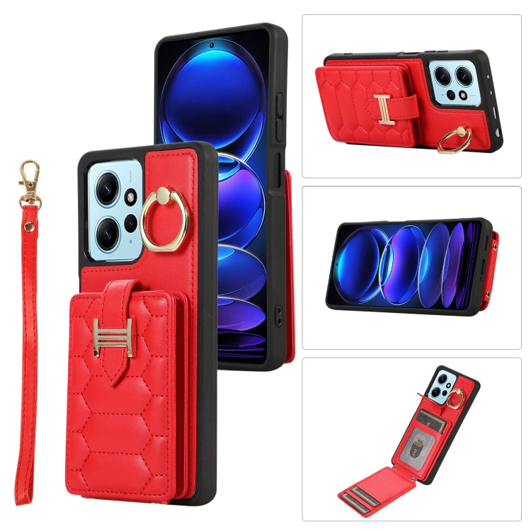 Red vertical phone case with card holder, ring grip, and wrist lanyard strap