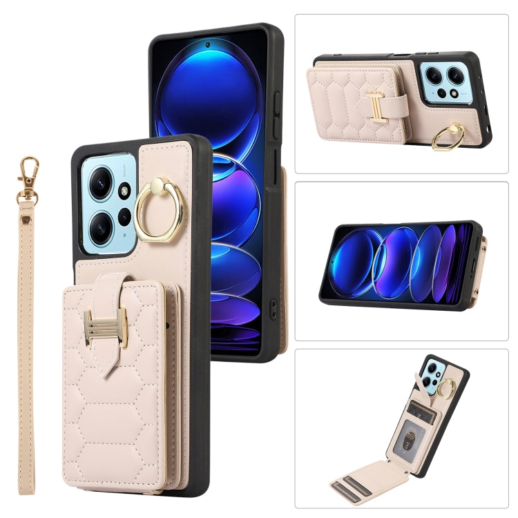 Beige vertical phone case with card holder, ring grip, and wrist lanyard
