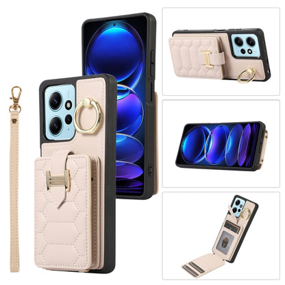 Beige vertical phone case with card holder, ring grip, and wrist lanyard