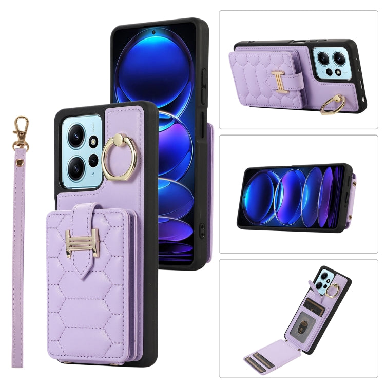 Dual lanyard phone case with card slot and ring holder, light purple leatherette.