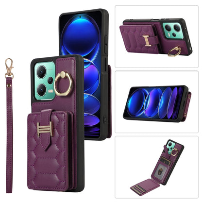 Dual lanyard phone case with card holder and ring holder, dark violet leatherette.